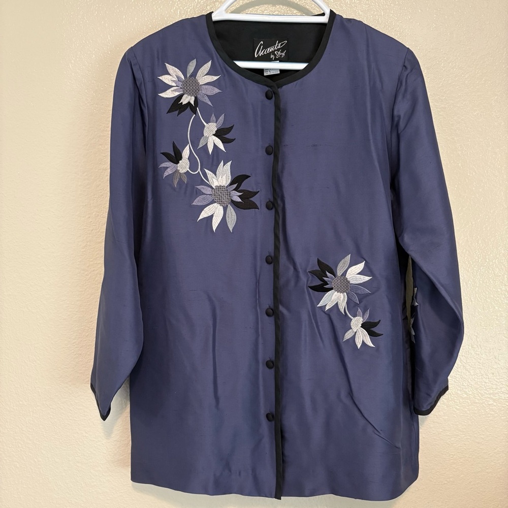 Vintage Accents By Sharif Silk Blue Black Button Shirt Jacket Floral Embroidery